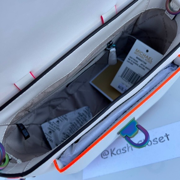 Michael Kors Manhattan Satchel Medium Leather Contrast-Trim Satchel Optic white - Picture 8 of 12